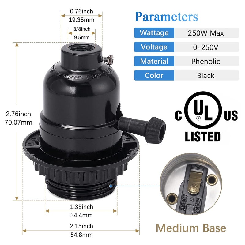DiCUNO UL Listed E26 Lamp Socket Replacement, Turn Switch Knob ON/Off, Threaded Medium Base Light Socket with Shade Ring for Table, Floor Lamp Repair Kit, Black, 2-Pack - Image 2